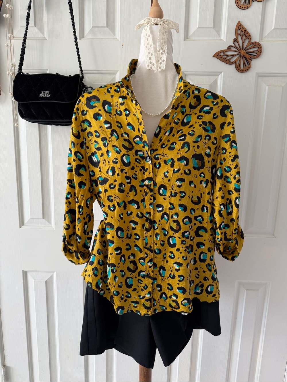Multiples Yellow Leopard Print Button-Front Blouse with Teal Accents
